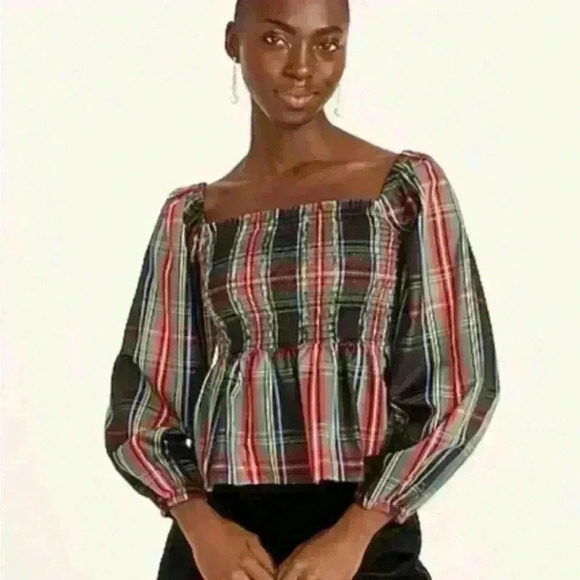 NWT | J Crew Puff-sleeve smocked crop top in Stewart tartan sz 3x. Office preppy - Picture 1 of 6